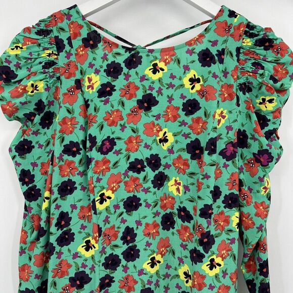 Zara Green Floral‎ Mini Dress 3/4 Length Ruched Sleeves Tie Back Size XS NWT - Picture 3 of 9
